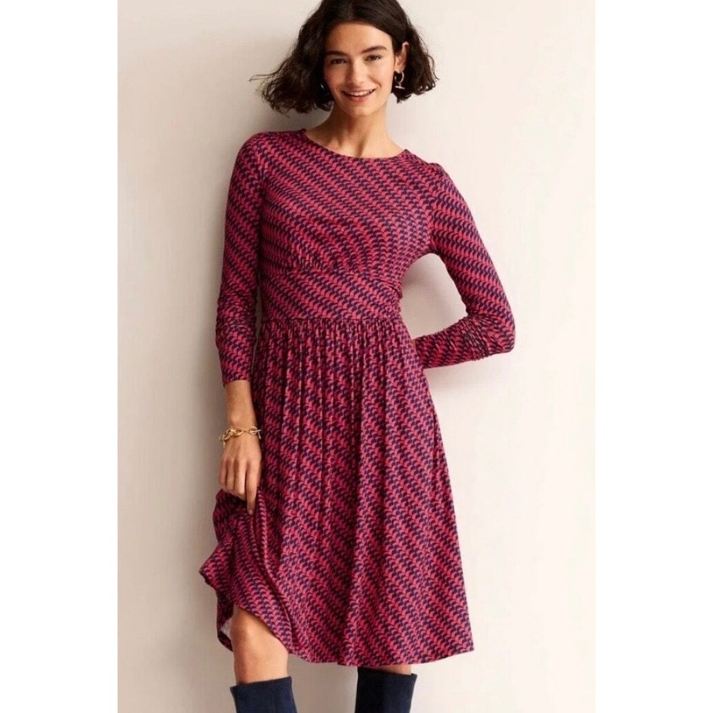 Boden Thea Red Navy Geometric Print Long Sleeve Jersey Midi Dress 8